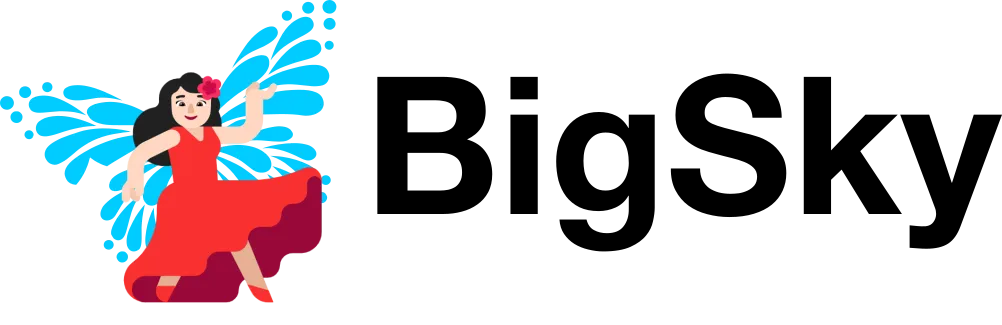 A logo that has the 💃🏻 emoji with two delicate fairy-like wings, and the name "BigSky" in large black letters