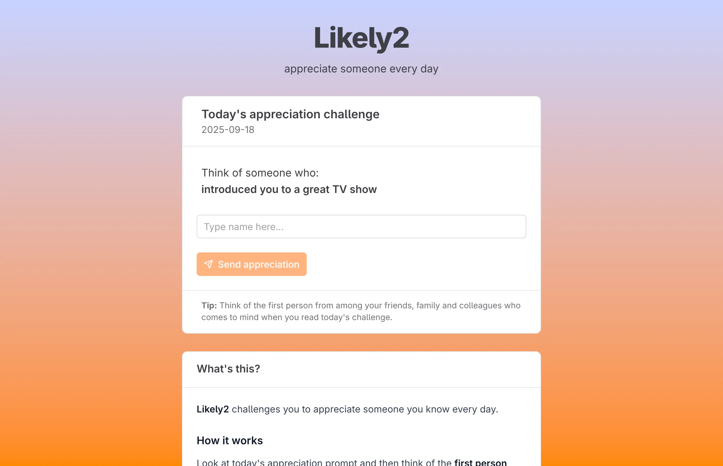 Screenshot of the product Likely2 showing "Today's appreciation challenge 2025-09-18: Think of someone who introduced you to a great TV show"