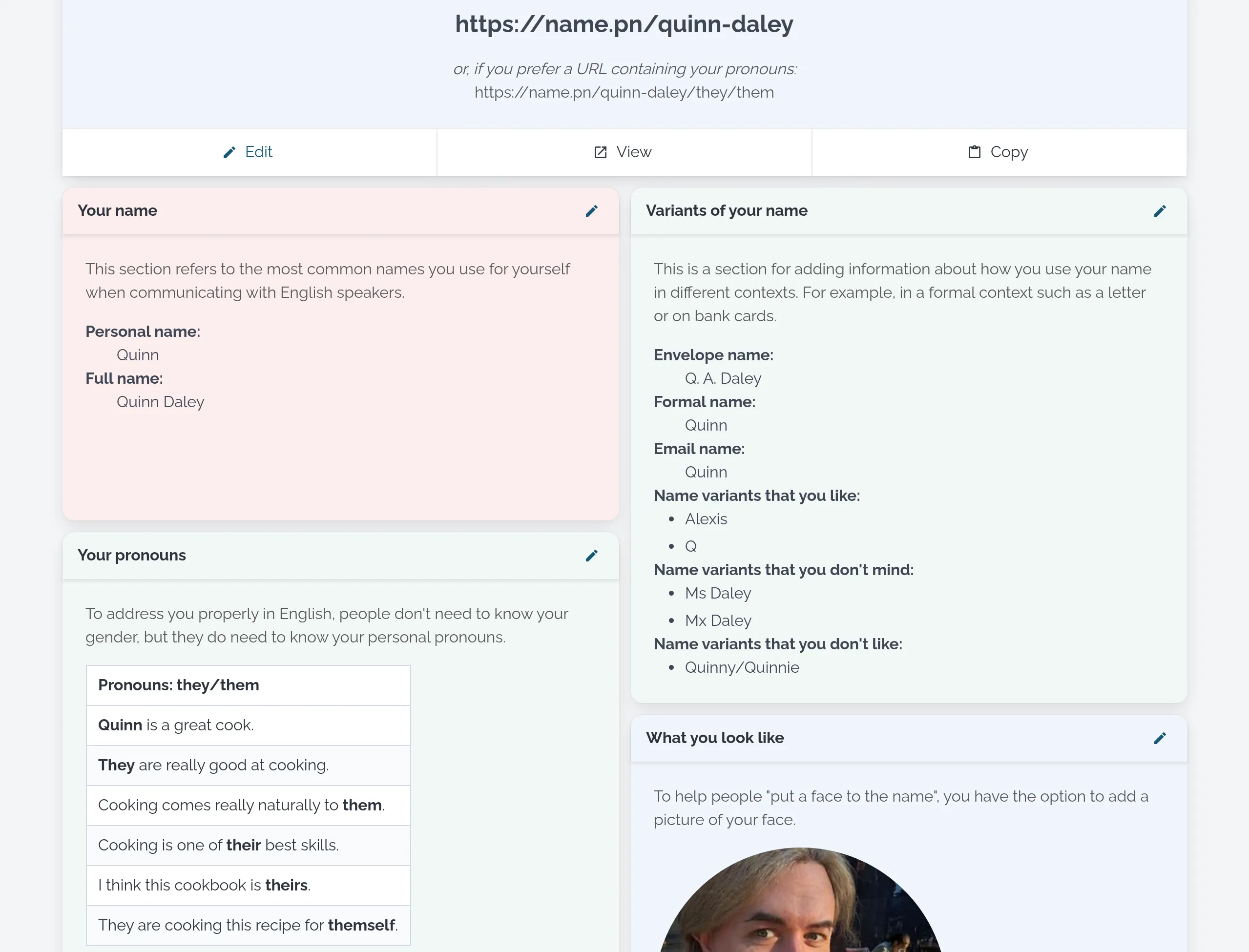 Screenshot of the product name.pn, showing "Your name dashboard" with sections for "Your unique URL", "Your name", "Varints of your name", "Your pronouns" and "What you look like"