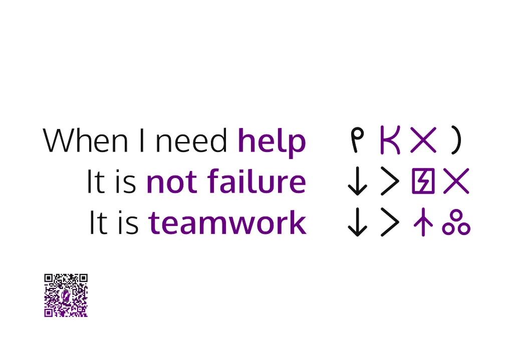 A poster containing the words "When I need help / It is not failure / It is teamwork", along with a translation into toki pona and a QR code linking back to this page