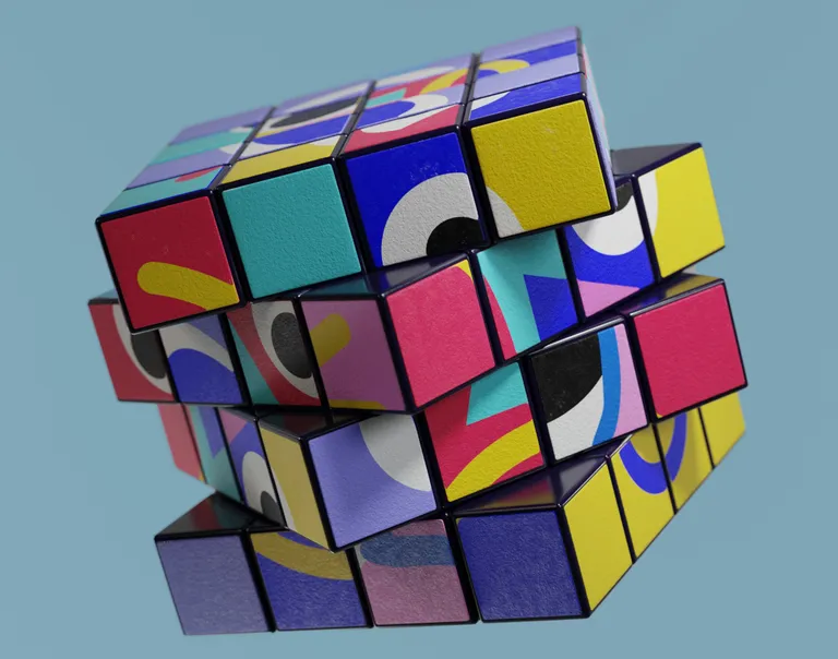 A photo by Luke Jones of a complicated Rubik's cube with patterns as well as colours
