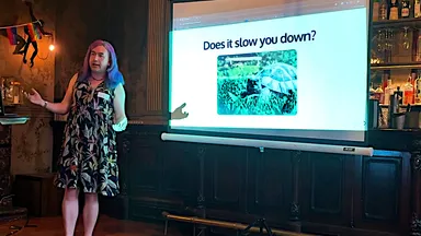 A picture of Quinn speaking at Queer in Tech Leeds in front of a slide saying "Does it slow you down?" with a picture of a tortoise