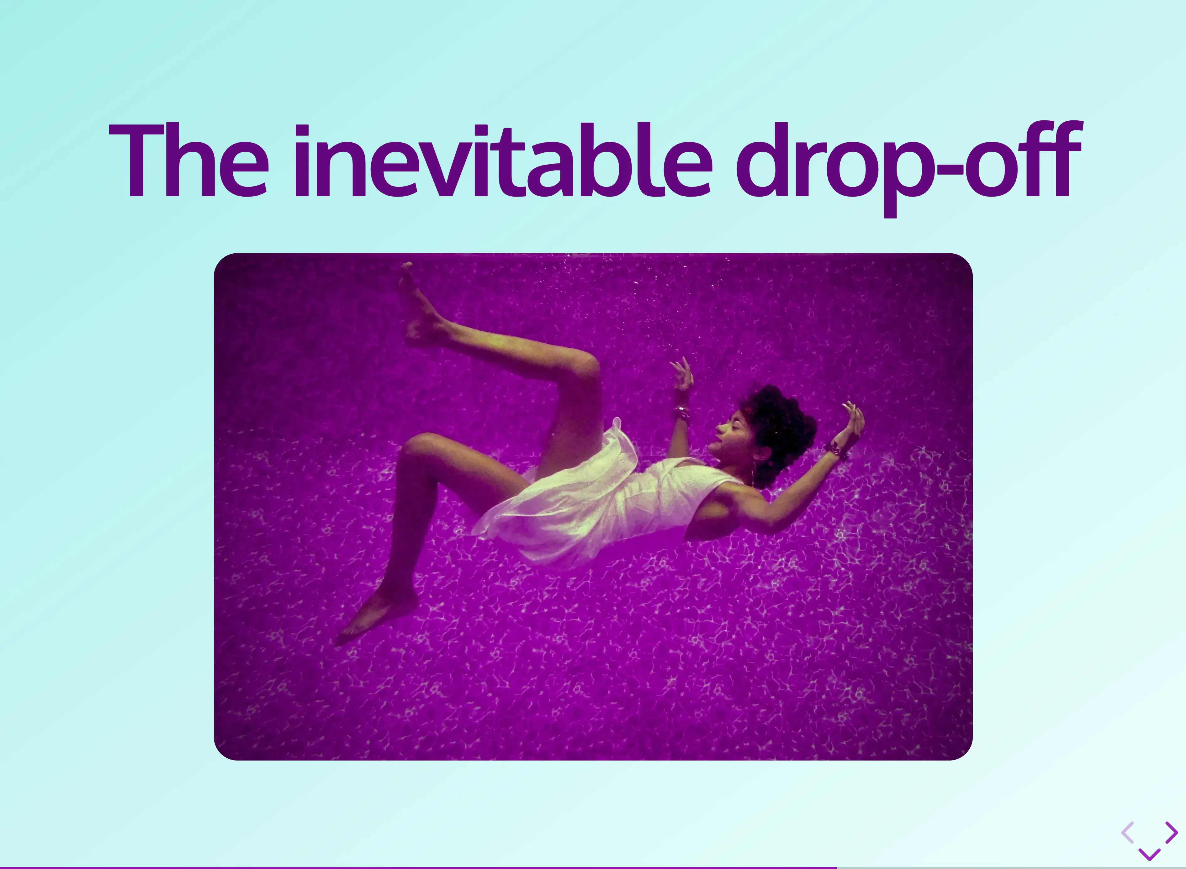 A screenshot of a slide that has a large title "The inevitable drop-off" and a picture of a person falling against a purple background